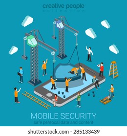 Micro people installing huge shield on smartphone. Flat 3d web isometric mobile online safety data protection secure connection cryptography antivirus firewall internet security infographic concept.