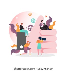 Micro people sitting on huge thumbs up with laptop, tablet, man taking photo of young girl, vector illustration. Social media marketing likes services concept for web banner, website page etc.