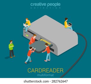 Micro people stick SD card into USB card reader modern vector illustration. Flat 3d isometric technology equipment multiformat accessory collection. Build your own creative people world.