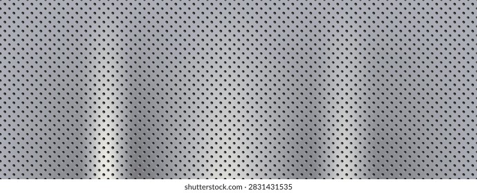 Micro perforated metal texture with tiny holes on brushed steel plate. Seamless silver pattern with light shine and mesh wall effect. Cool gray vector background of perforated metal for tech banner.