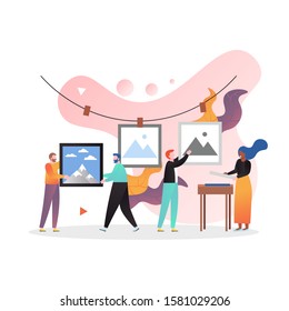 Micro photographers hanging up huge film photos to dry on rope, vector illustration. Film photo printing services concept for web banner, website page etc.