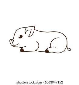 Micro Pig lies. Monochrome contour vector illustration with cute mini pig in a side view. Flat style. Isolated on white background.