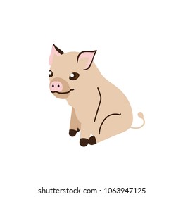 Micro Pig sits. Vector illustration with cute mini pig. Flat style. Isolated on white background.