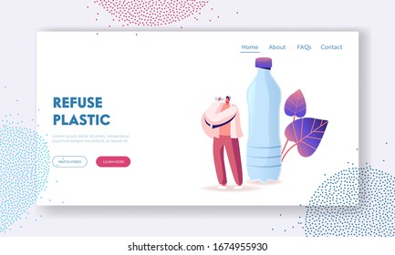 Micro Plastic Contamination Landing Page Template. Tiny Male Character Drinking Bottle Water with Microplastic Pieces. Ecological Pollution, Planet Eco System Environment. Cartoon Vector Illustration