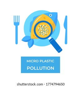 Micro plastic pollution concept. Microplastic in fish. Environmental pollution by toxic waste. Toxic pieces in seafood. Vector illustration. 