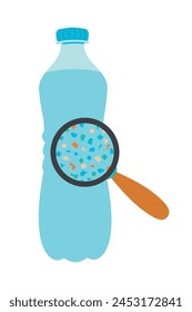 Micro plastic pollution concept. Microplastic in water. Environmental pollution by toxic waste. Toxic pieces in water bottle. Vector illustration isolated on white background.