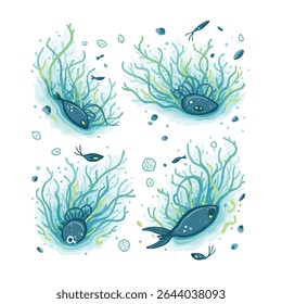 Micro plastic pollution concept. Microplastic in water illustration set. Environmental pollution by toxic waste. Vector illustrations isolated on white background