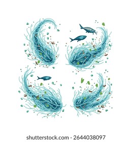 Micro plastic pollution concept. Microplastic in water illustration set. Environmental pollution by toxic waste. Vector illustrations isolated on white background