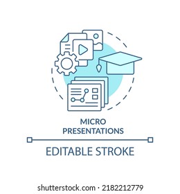 Micro Presentations Turquoise Concept Icon. Microlearning Abstract Idea Thin Line Illustration. Segmenting Materials. Isolated Outline Drawing. Editable Stroke. Arial, Myriad Pro-Bold Fonts Used