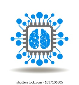 Micro Processor Brain Icon Vector. AI Computer Machine Learning Symbol. Smart Intelligence Microchip Sign.