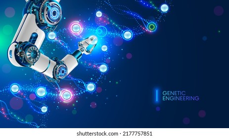 Micro Robot Edits Dna Molecule. Genetic Engineering Future Concept. Robotic Arm Works, Changes Genes In Molecular DNA. Futuristic Biotechnology Medical Nanorobot. Medicine Genetic Research Technology