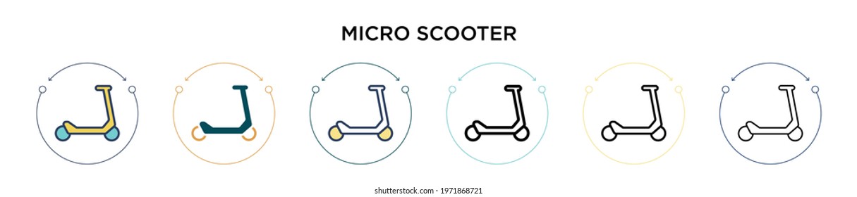 Micro scooter icon in filled, thin line, outline and stroke style. Vector illustration of two colored and black micro scooter vector icons designs can be used for mobile, ui, web