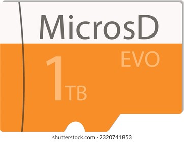 Tarjeta micro SD para 1 terabyte. Ilustración vectorial en forma de unidad flash con una inscripción: EVO de 1 TB de MicrosD. Colores amarillos, blancos y grises.