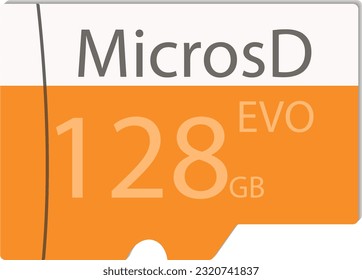 Tarjeta micro SD para 128 gigabytes. Ilustración vectorial en forma de unidad flash con una inscripción: EVO de 128 GB de MicrosD. Colores amarillos, blancos y grises.