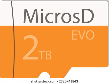 Tarjeta micro SD para 2 terabytes. Ilustración vectorial en forma de unidad flash con una inscripción: 2 TB EVO de MicrosD. Colores amarillos, blancos y grises.