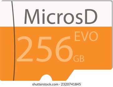 Tarjeta micro SD para 256 gigabytes. Ilustración vectorial en forma de unidad flash con una inscripción: EVO de 256 GB de MicrosD. Colores amarillos, blancos y grises.