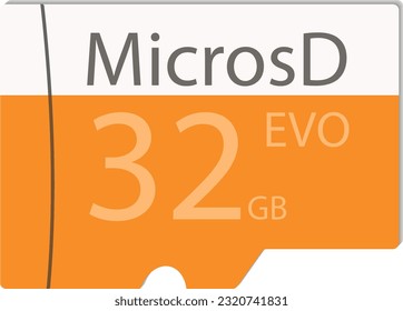 Tarjeta micro SD para 32 gigabytes. Ilustración vectorial en forma de unidad flash con una inscripción: MicrosD 32 GB EVO. Colores amarillos, blancos y grises.