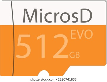 Tarjeta micro SD para 512 gigabytes. Ilustración vectorial en forma de unidad flash con una inscripción: EVO de 512 GB de MicrosD. Colores amarillos, blancos y grises.