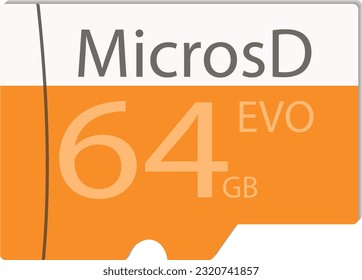 Tarjeta micro SD para 64 gigabytes. Ilustración vectorial en forma de unidad flash con una inscripción: EVO de 64 GB de MicrosD. Colores amarillos, blancos y grises.