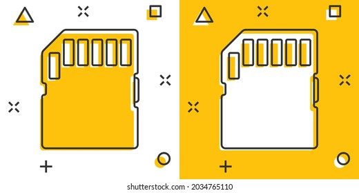 Micro SD card icon in comic style. Memory chip vector cartoon illustration on white isolated background. Storage adapter business concept splash effect.
