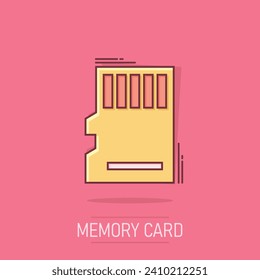 Icono de tarjeta micro SD al estilo cómico. Ilustración de dibujos animados del vector de chip de memoria sobre fondo aislado blanco. Efecto de inicio del concepto de negocio del adaptador de almacenamiento.