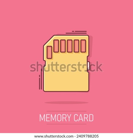 Micro SD card icon in comic style. Memory chip vector cartoon illustration on white isolated background. Storage adapter business concept splash effect.