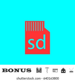 Micro sd card icon flat. Red pictogram on blue background. Vector illustration symbol and bonus buttons Music center, corkscrew, credit card, house, drum