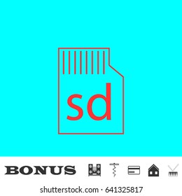 Micro sd card icon flat. Red pictogram on blue background. Vector illustration symbol and bonus buttons Music center, corkscrew, credit card, house, drum