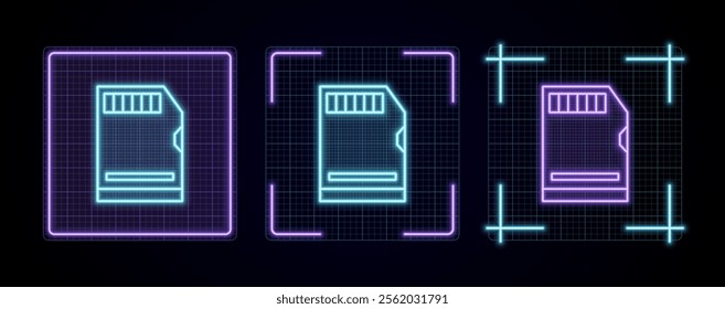 Micro sd card icon illustration, cyber neon visual, glowing border grid vector.