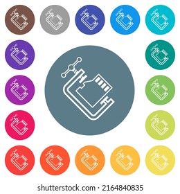 Micro sd memory card compress outline flat white icons on round color backgrounds. 17 background color variations are included.