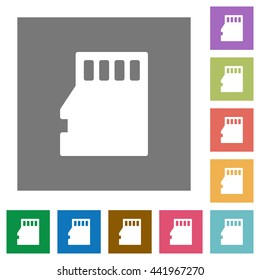 Micro SD memory card flat icon set on color square background.