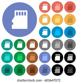 Micro SD memory card multi colored flat icons on round backgrounds. Included white, light and dark icon variations for hover and active status effects, and bonus shades on black backgounds.