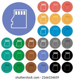 Micro SD memory card outline multi colored flat icons on round backgrounds. Included white, light and dark icon variations for hover and active status effects, and bonus shades.