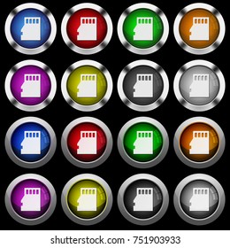 Micro SD memory card white icons in round glossy buttons with steel frames on black background.
The buttons are in two different styles and eight colors.