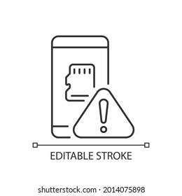 Micro SDcard not working linear icon. Compact data storage. Problem with portable memory card. Thin line customizable illustration. Contour symbol. Vector isolated outline drawing. Editable stroke