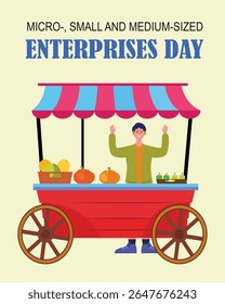 Dia das micro, pequenas e médias empresas. Banner de celebração do dia MSME de 27 de junho com carrinho de café pequeno, com nós somos sinal de tabuleiro aberto. O dia é para comemorar, reconhecer sua importância para o crescimento