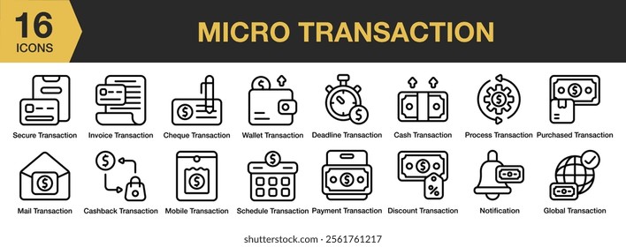 Micro Transaction icon set. Includes secure, process, notification, schedule, payment, and More. Outline icons vector collection.