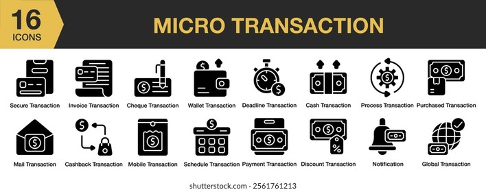 Micro Transaction solid icon set. Includes secure, process, notification, schedule, payment, and More. Solid icons vector collection.