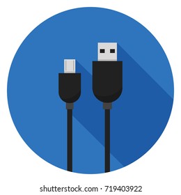 Micro USB cables icon. Illustration in flat style. Round icon with long shadow.