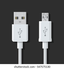 Micro USB cables on dark background. Connectors and sockets for PC and mobile devices. Computer peripherals connector or smartphone recharge supply