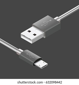 Micro USB cables on dark background. Connectors and sockets for PC and mobile devices. Computer peripherals connector or smartphone recharge supply