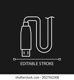 Micro USB output white linear manual label icon for dark theme. Thin line customizable illustration. Isolated vector contour symbol for night mode for product use instructions. Editable stroke