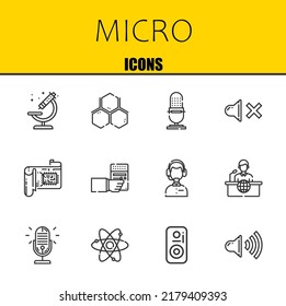 micro vector line icons set. microscope, molecule and microphone Icons. Thin line design. Modern outline graphic elements, simple stroke symbols stock illustration