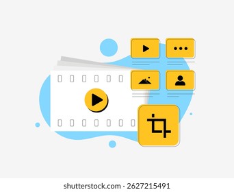 Micro vídeo storytelling para mídia social - ilustração vetorial de interface de edição de vídeo com ícones de corte e reprodução. Criação de conteúdo em formato curto e estratégias de marketing de vídeo baseadas em dispositivos móveis