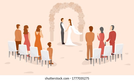 Micro wedding with a small number of participant. Small wedding in the garden in orange theme with bride and groom holding hands. Vector illustration, Flat design