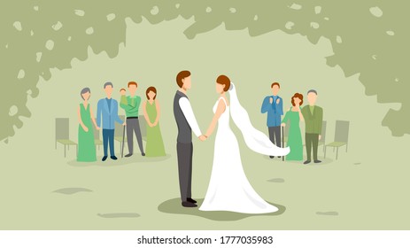 Micro wedding with a small number of participant. Small wedding in the garden in orange theme with bride and groom holding hands. Vector illustration, Flat design