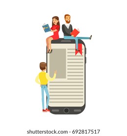 Micro young women and men sitting on a giant electronic book, people enjoy reading vector Illustration