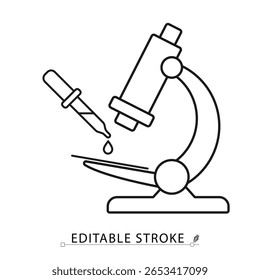 Um ícone de microanálise em estilo minimalista com traçado editável. Microscópio de laboratório, ferramenta de conta-gotas, pesquisa de amostras, teste de biologia, método científico, esboço de ilustração vetorial.