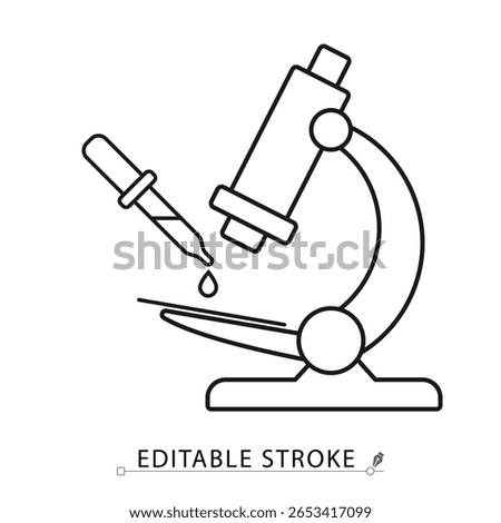 A microanalysis icon in minimalist style with editable stroke. Laboratory microscope, dropper tool, sample research, biology testing, scientific method, outline vector illustration.