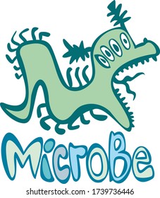 MICROB text, evil microbe image, white background, freehand drawing
